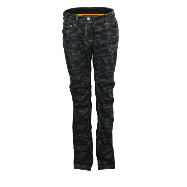 women's organic camo blue jeans trousers 7 pockets